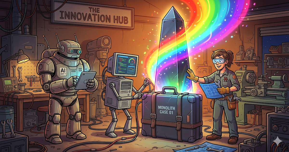 AI-generated image from the prompt: Make a cartoon illustration of three different workers in a workshop -- one an AI robot, one a computer with arms & legs, and a human worker -- all around an obelisk like the one from 2001 but it's actually a big briefcase, emanating a rainbow spectrum of energy.